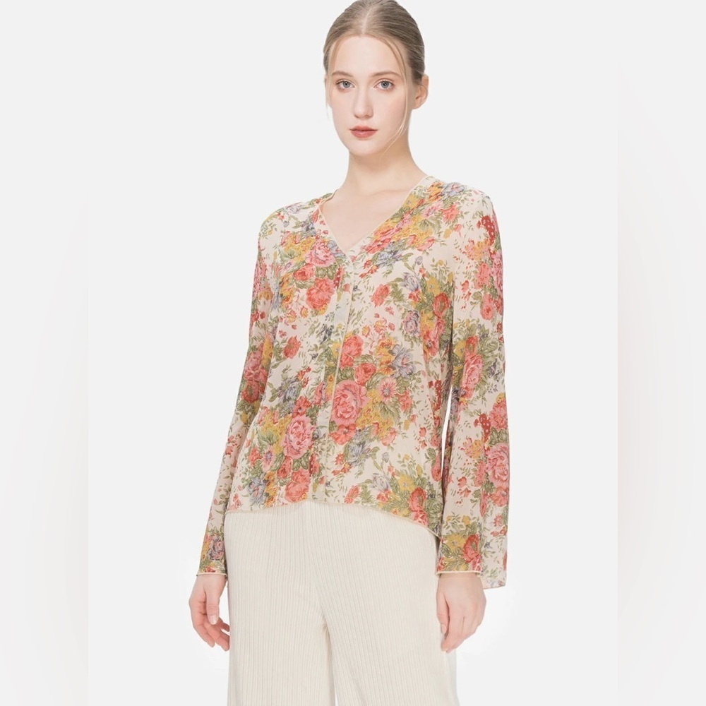 S Deer V-Neck Floral Print Trumpet Sleeve Blouse Sz XL